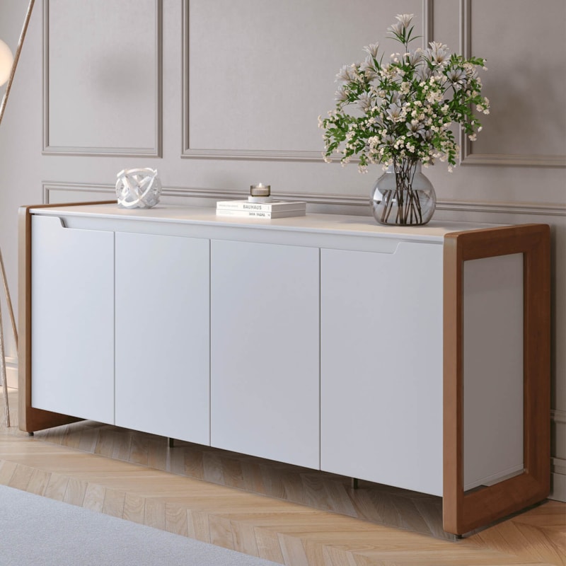 Buffet Bristol C/ Pés de Madeira Maciça - Off-white Gloss/Freijó