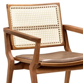Cadeira Com Braço Estella Em Madeira Maciça Castanho Claro Palhinha E Tecido