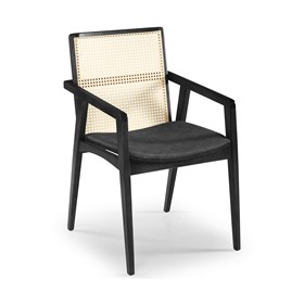 Cadeira Logan Com Braço Em Madeira Maciça E Palhinha Natural - Preto/Courino Preto