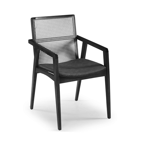 Cadeira Logan Com Braço Em Madeira Maciça E Palhinha - Preto/Courino Preto