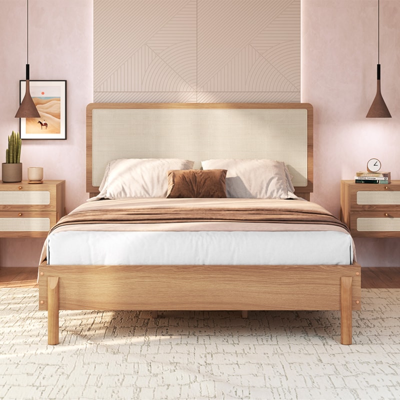 Cama De Casal Oslo 138cm Com Cabeceira Em Palhinha