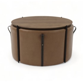 Conjunto Mesa De Centro Sallad Preto E 4 Puffs Em Tecido