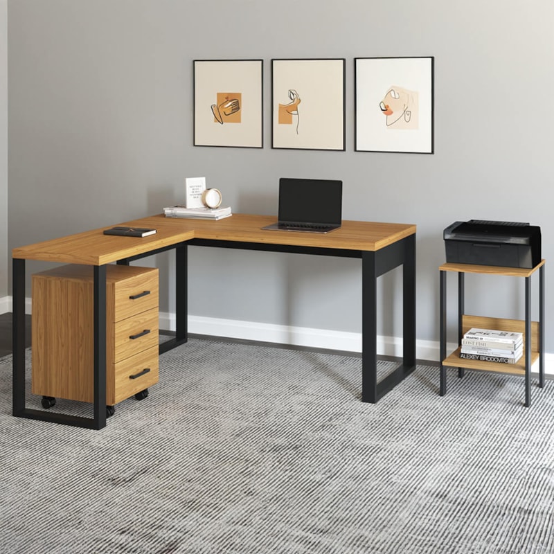 Conjunto Mesa Escrivaninha Em L Makya Com Gaveteiro E Mesa Lateral Wand