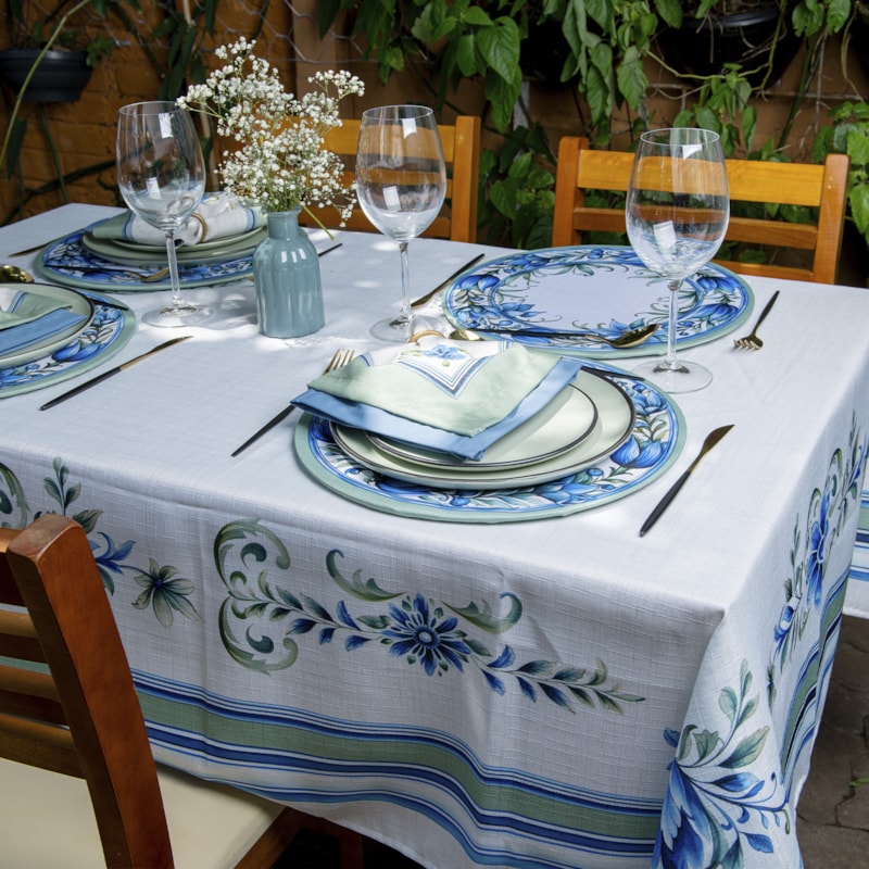 Conjunto Mesa Posta Com Toalha Quadrada Floral Azul