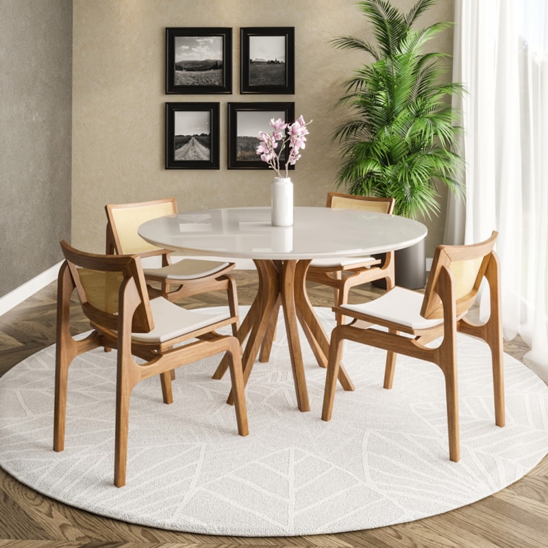 Conjunto Sala De Jantar Mesa Diamant Off White 120cm E 4 Cadeiras Modesto Champagne