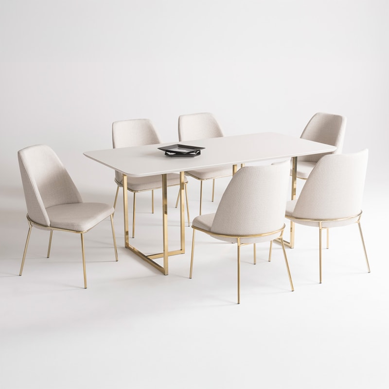 Conjunto Sala De Jantar Mesa Retangular Georgia 160cm Com Tampo De Vidro E 6 Cadeiras Felice