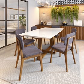 Conjunto Sala De Jantar Mesa Wood Retangular Branco 160cm Com 6 Cadeiras Classic Cinza