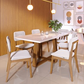 Conjunto Sala De Jantar Mesa Wood Retangular Branco 180cm Com 6 Cadeiras Classic Nature