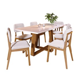Conjunto Sala De Jantar Mesa Wood Retangular Branco 180cm Com 6 Cadeiras Classic Nature