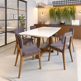 Conjunto Sala De Jantar Mesa Wood Retangular Off White 140cm Com 4 Cadeiras Classic Cinza