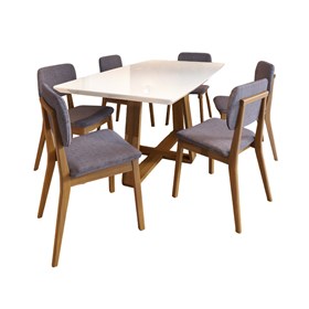 Conjunto Sala De Jantar Mesa Wood Retangular Off White 180cm Com 6 Cadeiras Classic Cinza