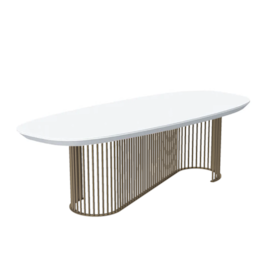 Mesa De Jantar Oval Dunnaval 220x110cm Com Tampo De Vidro Bianco E Pés Champagne