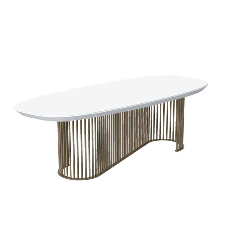 Mesa De Jantar Oval Dunnaval 220x110cm Com Tampo De Vidro Bianco E Pés Champagne