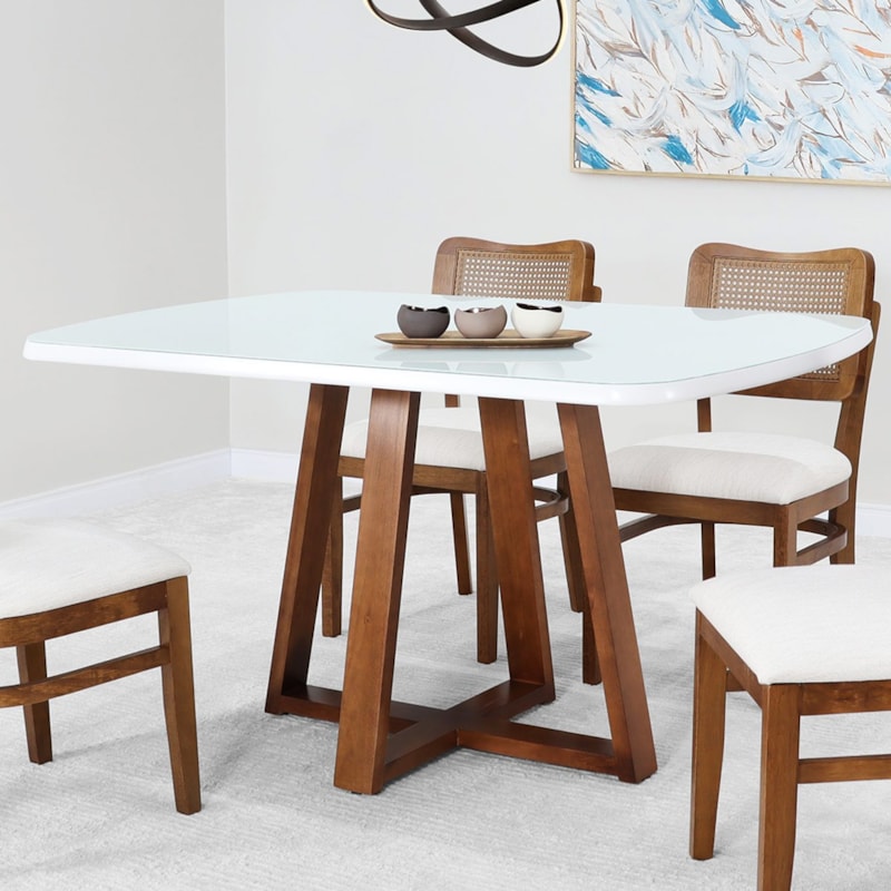 Mesa De Jantar Retangular Canyelles Com Tampo De Vidro Branco