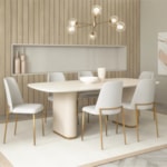 Mesa De Jantar Retangular Lintz 180cm Com Tampo De Vidro Off White E Dourado - Outlet