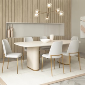 Mesa De Jantar Retangular Lintz 180cm Com Tampo De Vidro Off White E Dourado - Outlet
