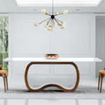 Mesa De Jantar Retangular Sandra Com Base Curva E Tampo De Vidro